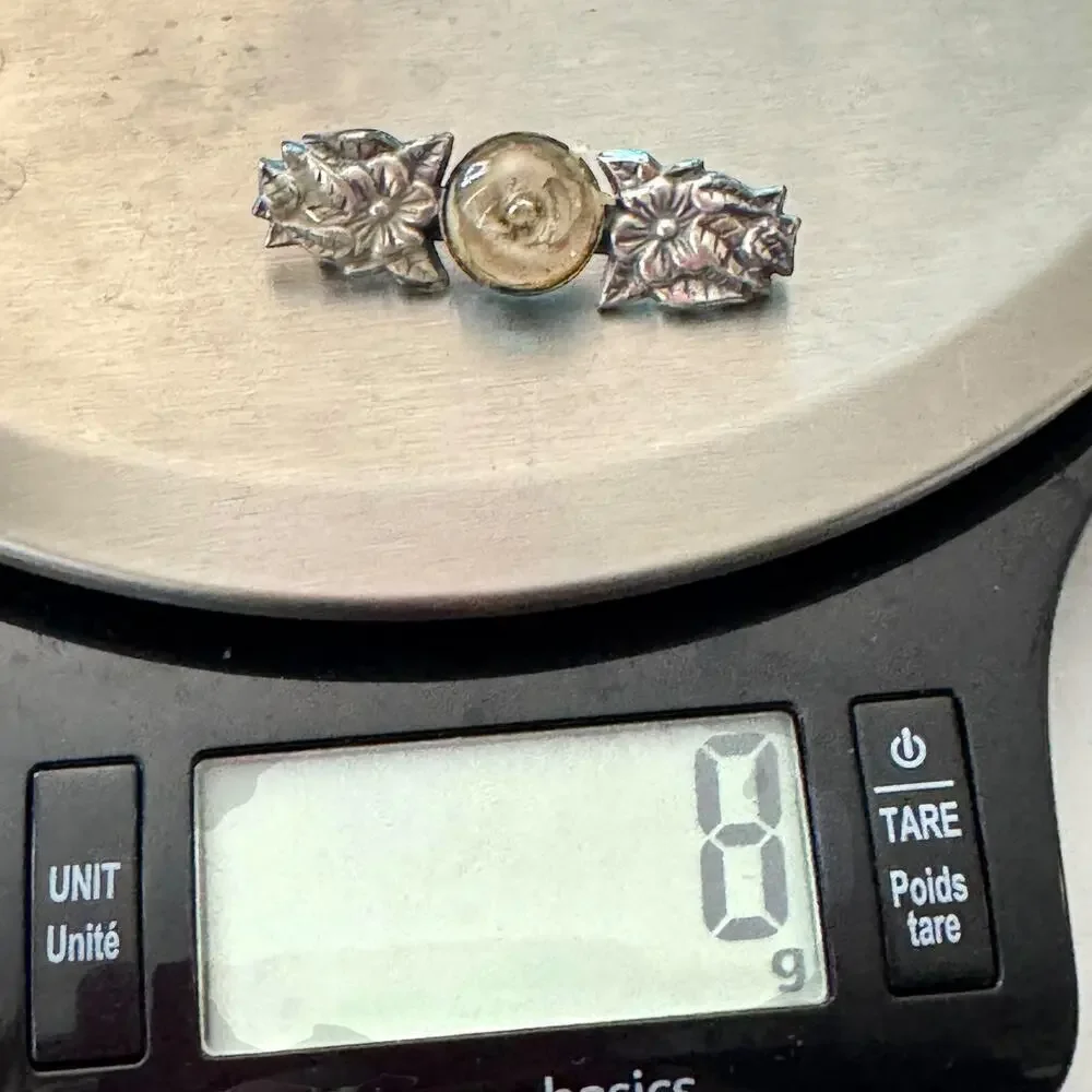 1930s Art Deco Pot Metal Floral Bar Pin Brooch w/ Domed Glass Cabochon 1.3” Rose